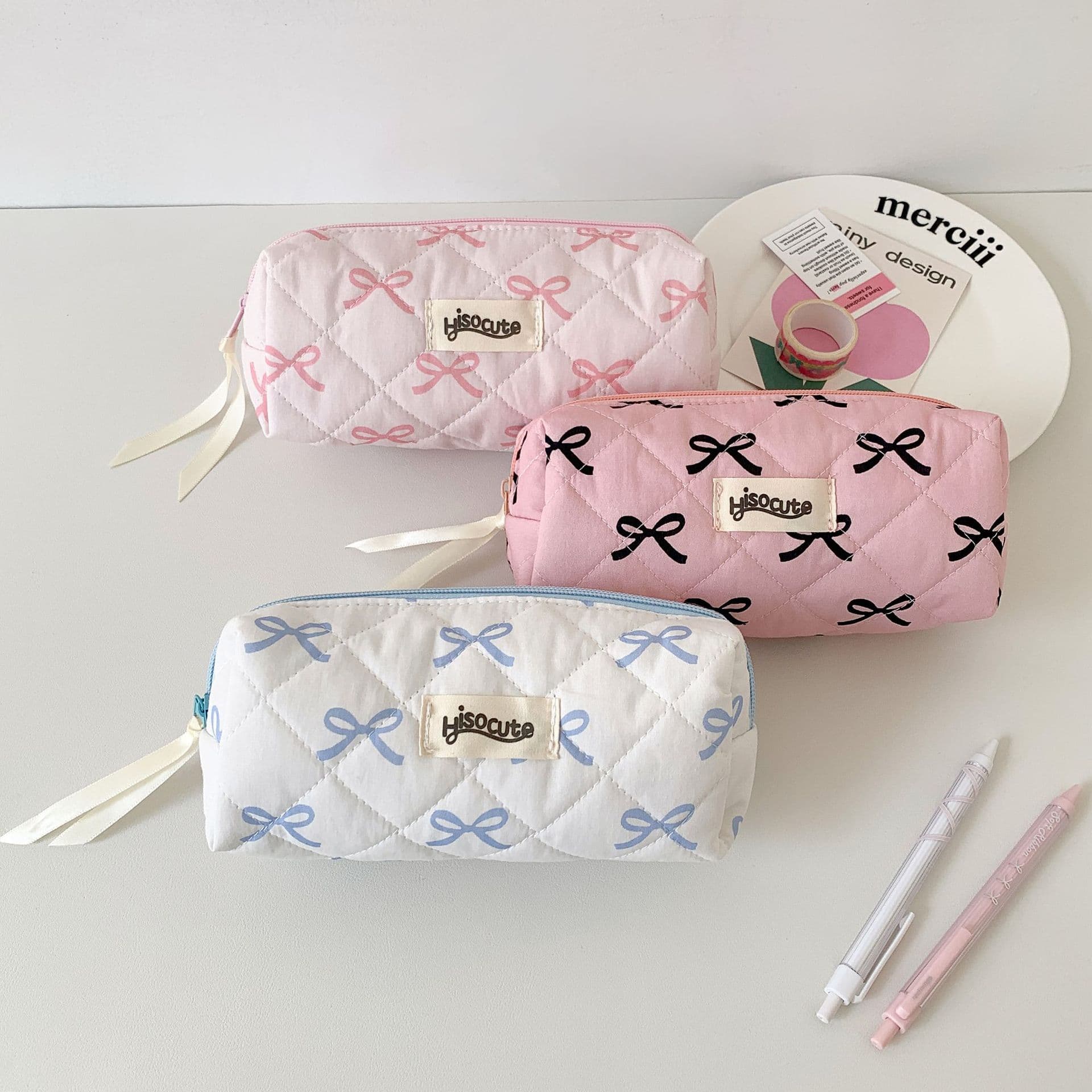 ins Korean version of high-looking bow pencil bag student large-capacity stationery bag girl desktop DIY material storage bag