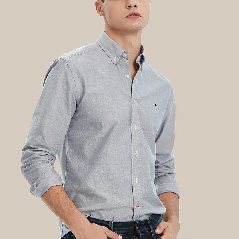 Tommy Hilfiger Men's Long Sleeve Shirt Light Luxury High-End Business Casual Mid-Aged Button-Down Versatile Oxford Shirt