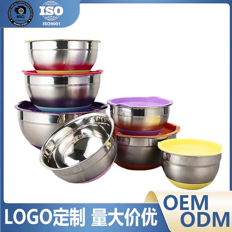 Wholesale Baked Salad Bowl Set Colorful Silicone Bottom Anti-Slip Salad Bowl with Lid Thickened Stainless Steel Salad Bowl