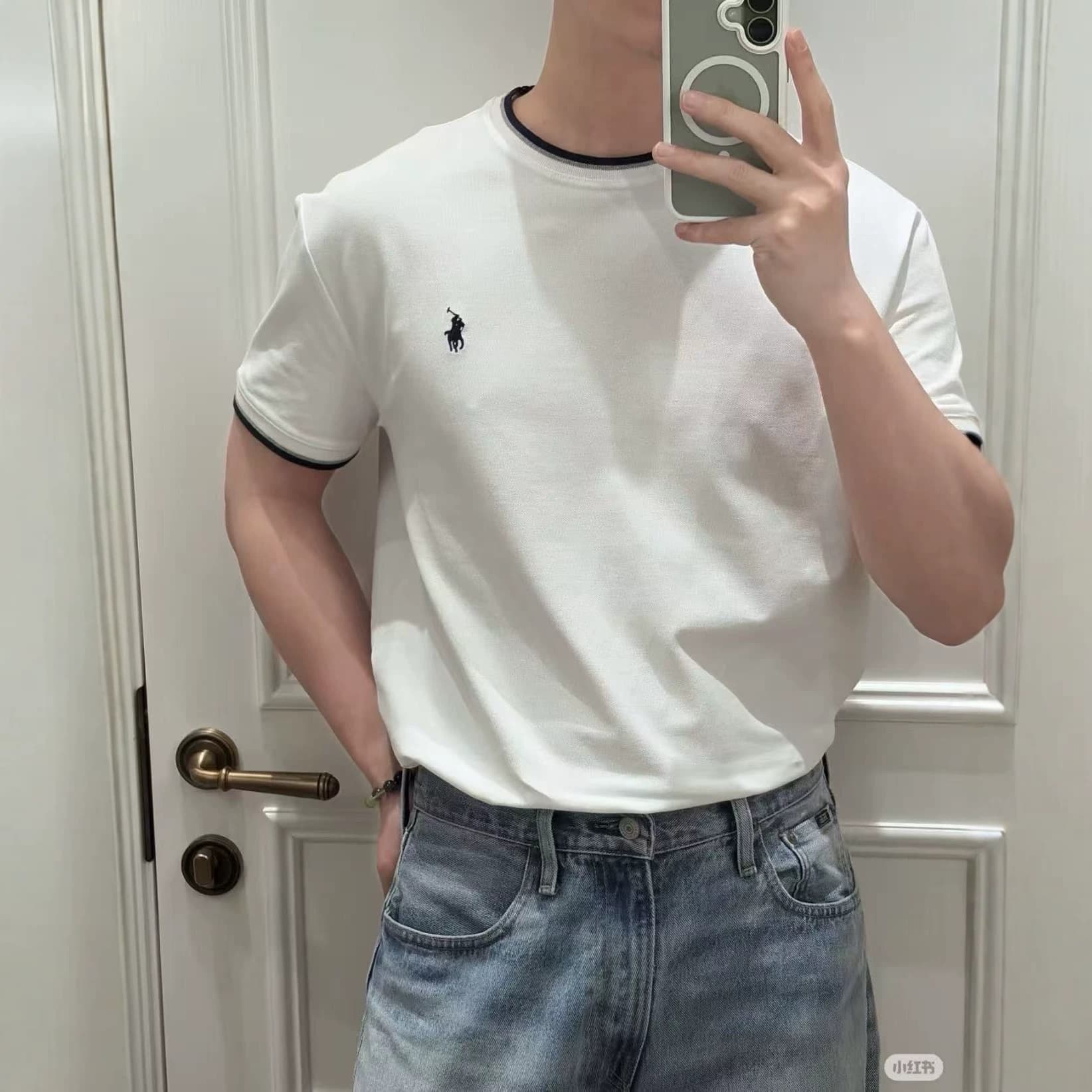 Overseas Trade Cross-border European and American High Quality RL Old Money Classic Stretch Pique Contrast Stripe Decoration Round Neck Short Sleeve T-shirt
