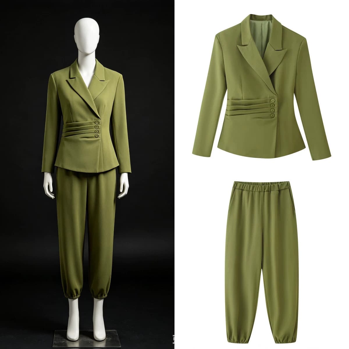 Z Women's Casual Suit Set with Buttoned Belted Waist Blazer + Elastic Waist Tapered Suit Pants