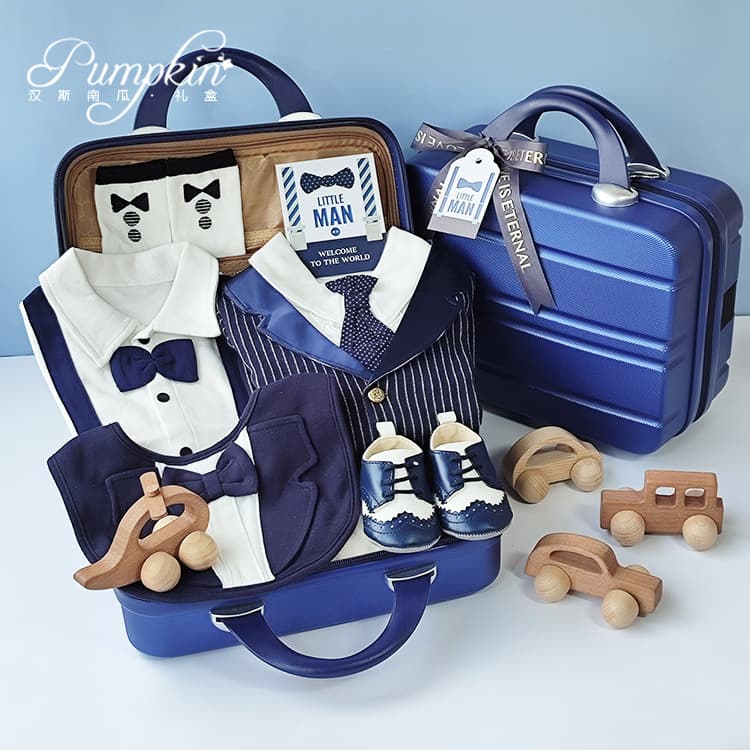 Baby Boy Blue Suit Autumn Winter Set Full Moon One Hundred Days Celebration One Year Old Gift Box Gentleman Outfit Cotton Clothes Shoes Accessories