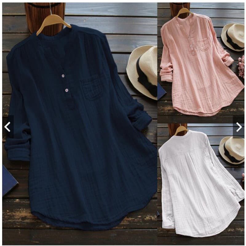 Amazon Hot Selling Plus Size Cotton Linen Long Sleeve Shirt Women European American Loose Three Colors Export Top