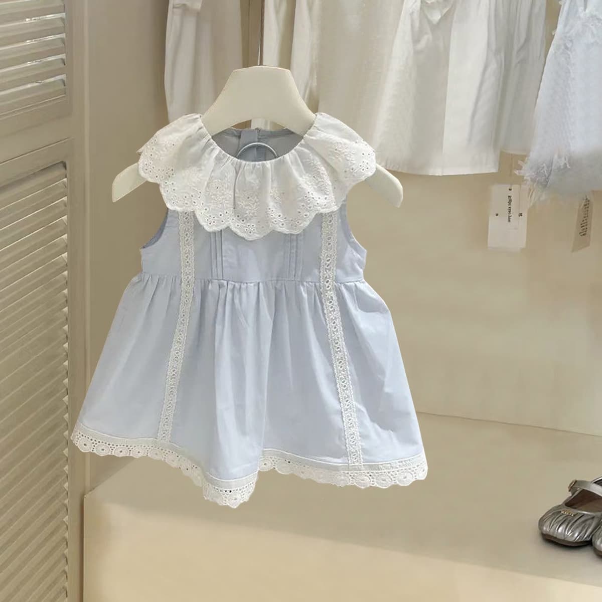 2025 Summer Girls Blue Lace Collar Doll Dress Baby Cotton Style Dress Princess Sleeveless Tank Top