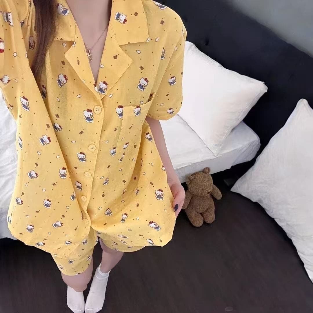 Women's Summer New Cloud Cotton Short Sleeve Short Pajama Set with Notched Collar and Shorts