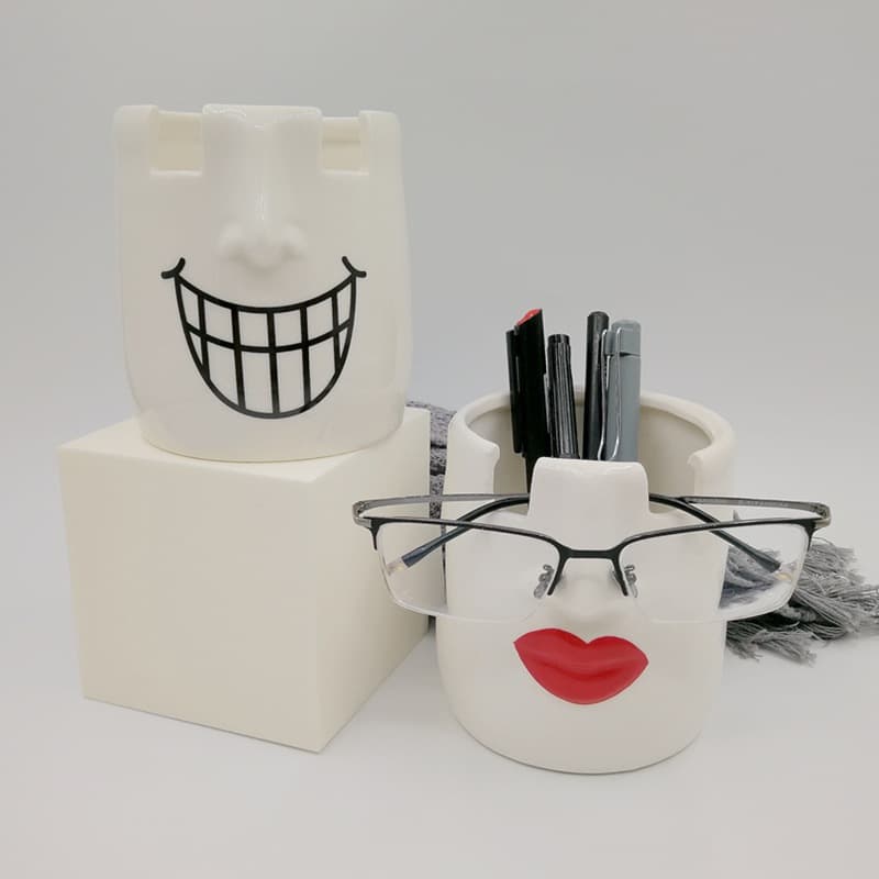 Cross-border Europe and America Ceramic Pen Holder Colorful Pottery Pen Stand Face Sculpture Eyeglass Holder Storage Jar Red Lips Desktop Storage Canister