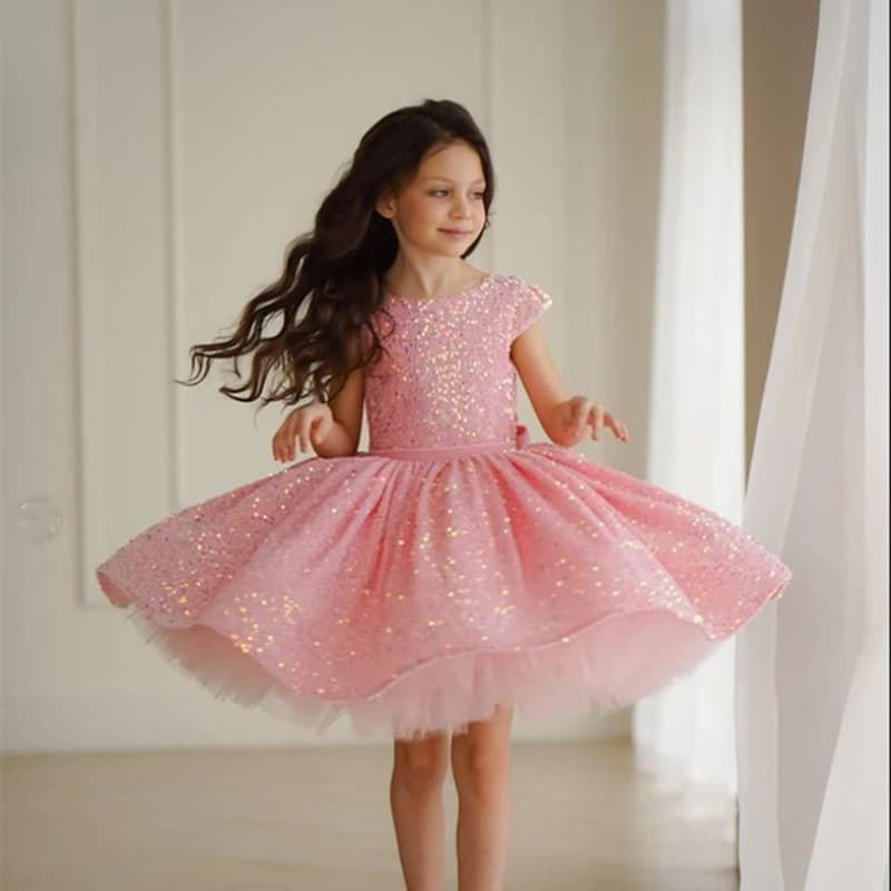 Girl's Birthday Party Photography Princess Dress Summer Heavy-Duty Children's Sequined Short Piano Host Evening Gown
