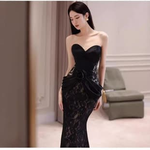 Black Strapless Bridal Toast Dress French Lace Elegant Banquet High-End Fishtail Socialite Hostess Evening Gown