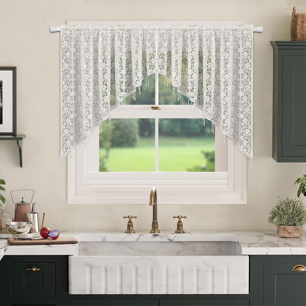 Cross-border warp knitted lace vertical version rose flower bead tube triangle curtain window screen threading rod crimping line 2pcs finished curtain door curtain