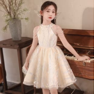 Exquisite Girls Gown French Champagne Birthday Princess Dress Little Girl Host Piano Performance Costume