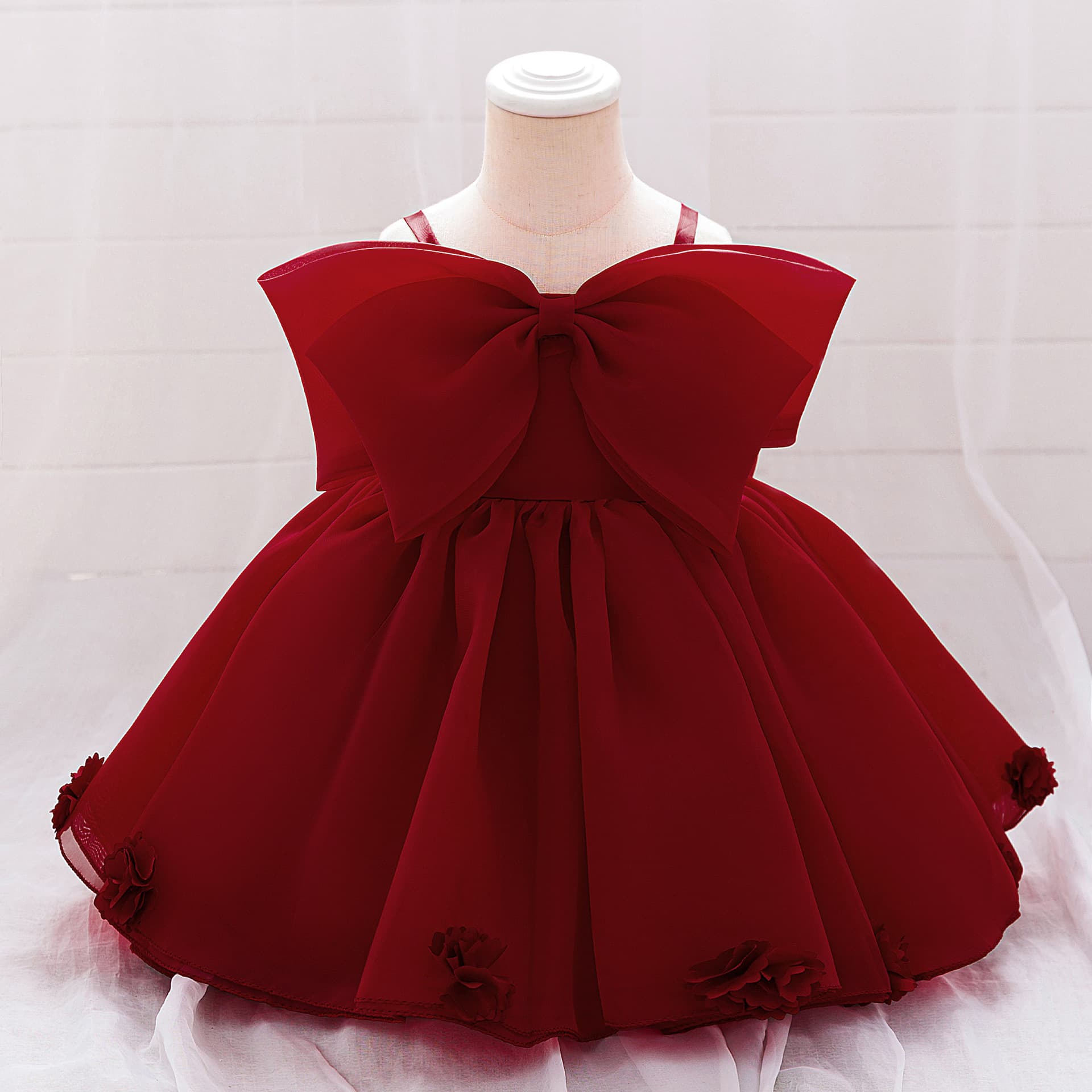European and American new one-year-old baby dress girls suspender one-shoulder bow mesh princess dress baby shower dress