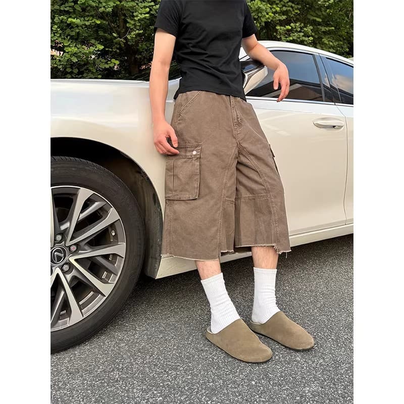 VAULT retro Maillard multi-pocket three-quarter overalls for women, American heavy industry loose straight slim pants for men