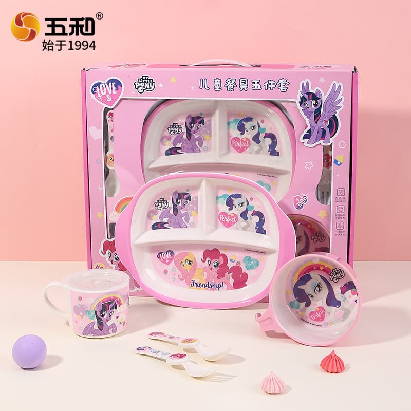 Wuhe children's gift box with cute tableware, baby's compartmented cartoon food bowl, anti-fall melamine tableware set
