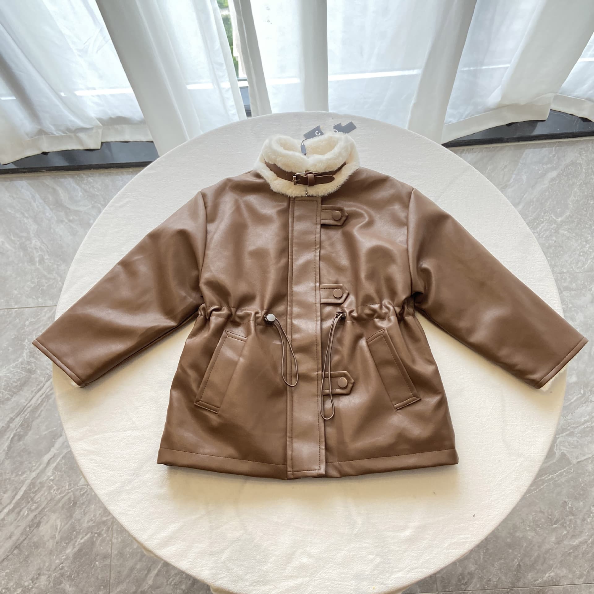 Children's Fleece-Lined Jacket Fall/Winter 2024 New Kids PU Leather Coat Thick Stylish Boys Girls Winter Cotton Padded Jacket