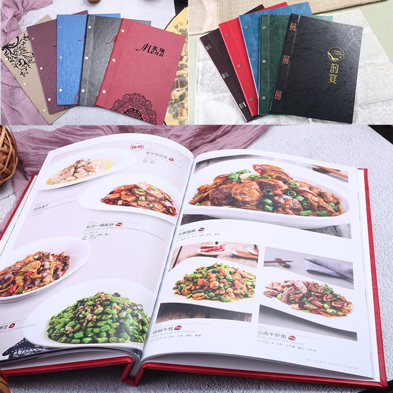 Premium menu design with leather cover, detachable pages for hotpot/BBQ/drinks in restaurants