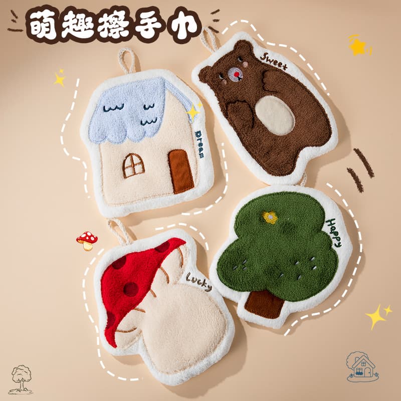 Cute Coral Fleece Hand Towel Hanging Kitchen Wash Hand Absorbent Thick Wipe Home Non-Shedding Hand Towel