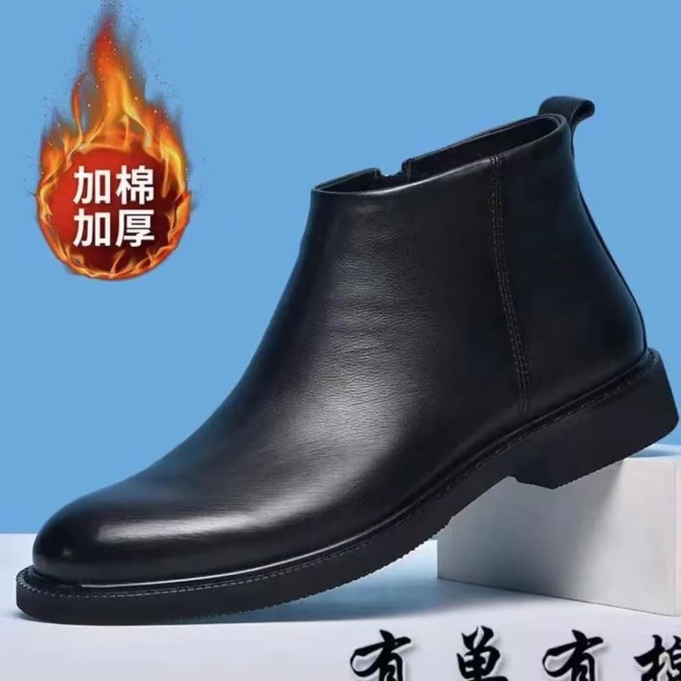 Men's pointed Chelsea boots with zipper, genuine leather, British style, high-top Martin boots, formal leather shoes, shearling-lined men's shoes and boots.