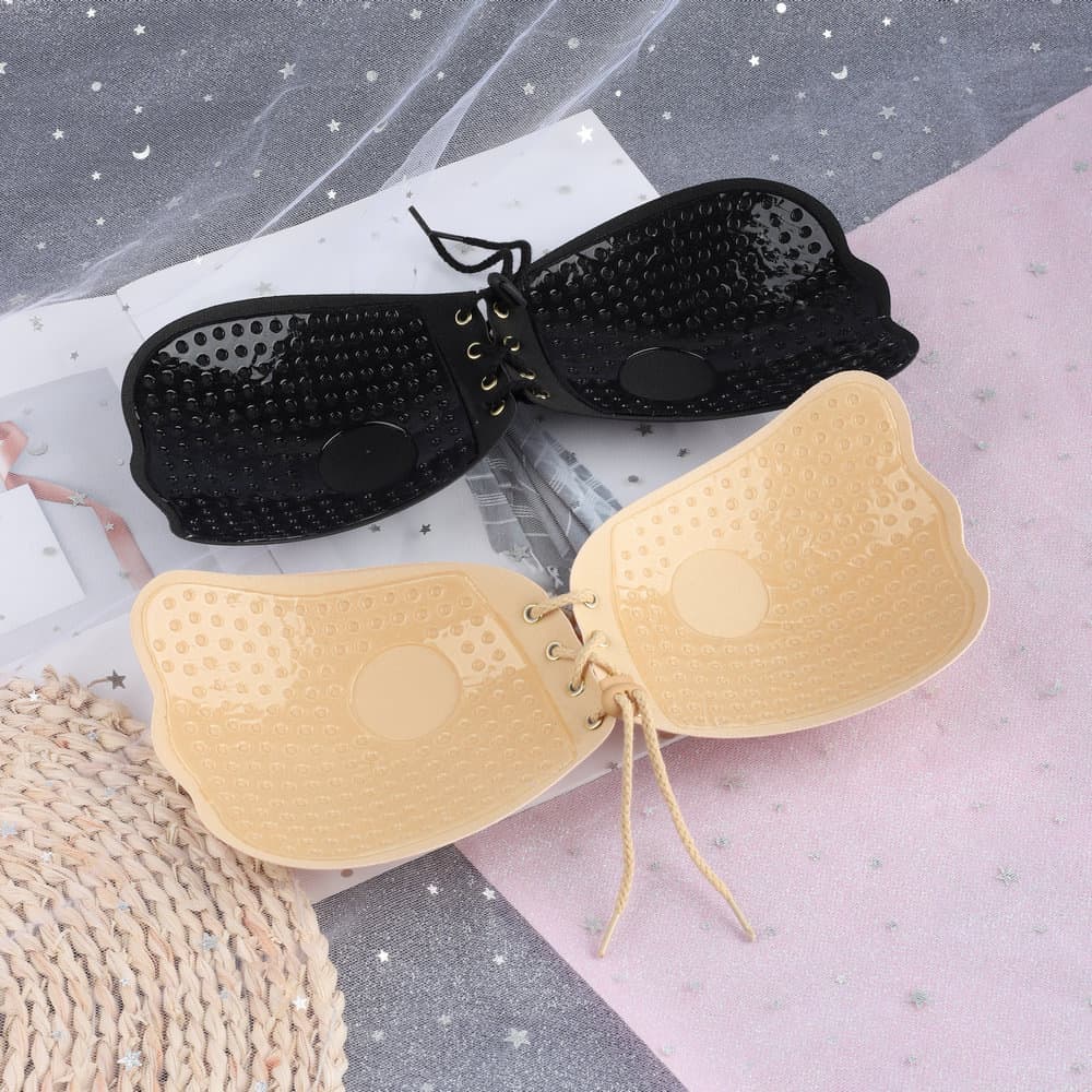 Winged Lala Goddess tie-up breathable invisible adhesive bra for brides, silicone wedding bra, and nipple covers.