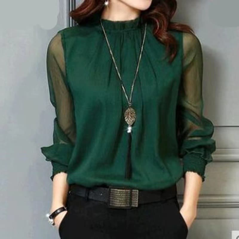 Chiffon Blouse for Women Spring Autumn 2026 New Design Sense Niche Stylish Black Long Sleeve Lace V-Neck Top
