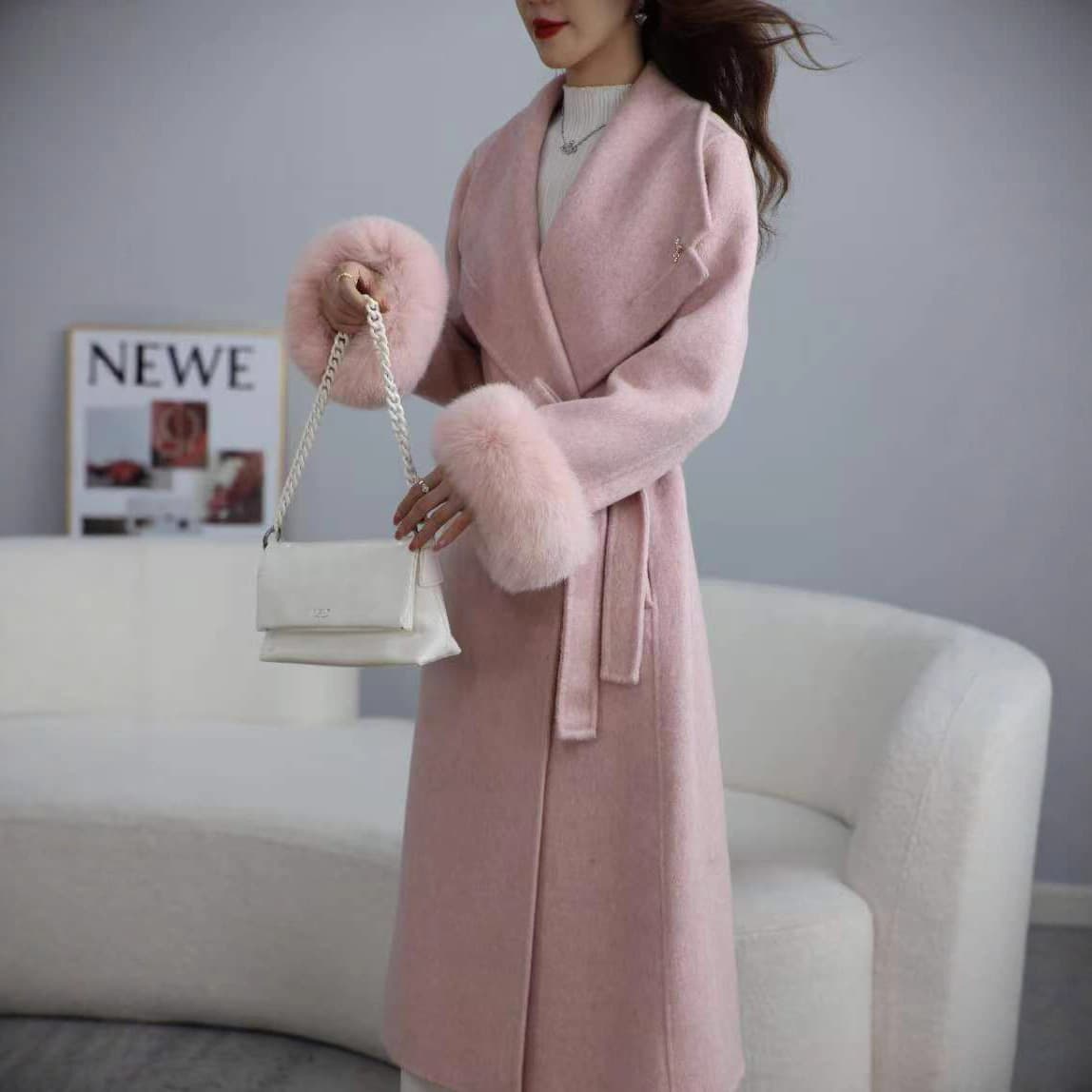 Shengqi French Wool Coat Women 2025 Autumn New 95% Wool Fox Fur Sleeve Patchwork Elegant Style