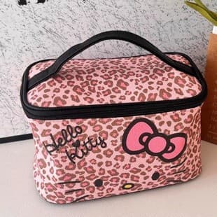 Leopard Print Hello Kitty 3D Makeup Bag Portable Cartoon Chic Fashion Korean Style Small Square Bag Storage Bag Toiletry Bag