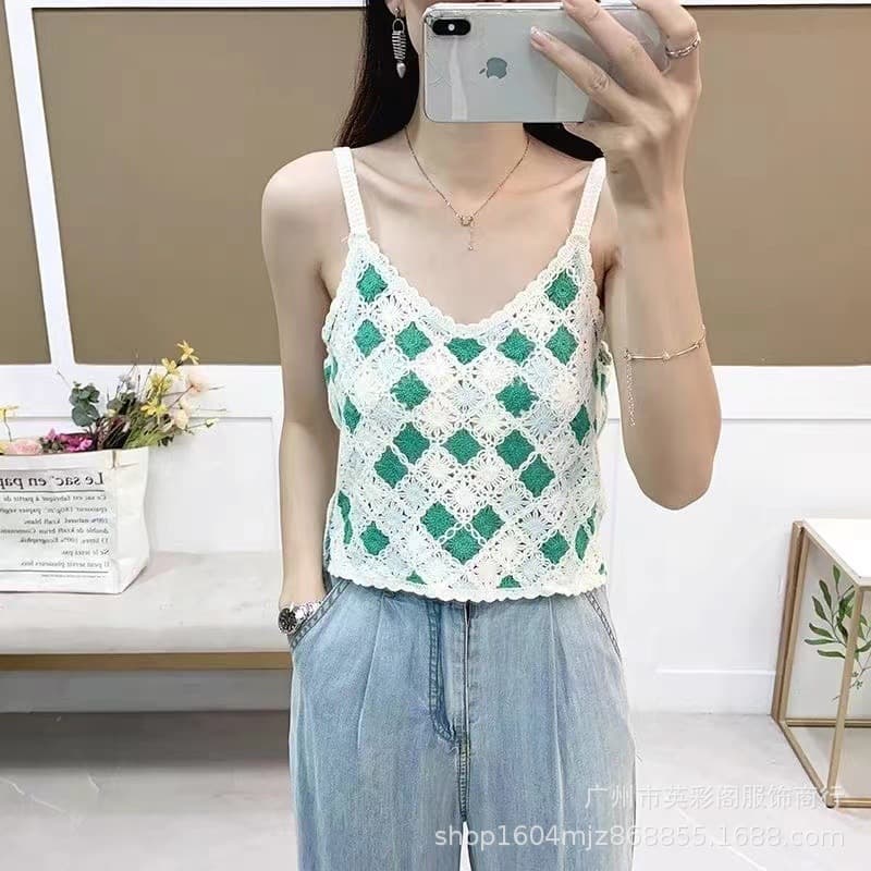 Hong Kong Style Sweet Spicy Diamond Lattice Hollow Knit Camisole Top for Women, Summer Small Boutique Embroidered Color Block Top, Wear-Out