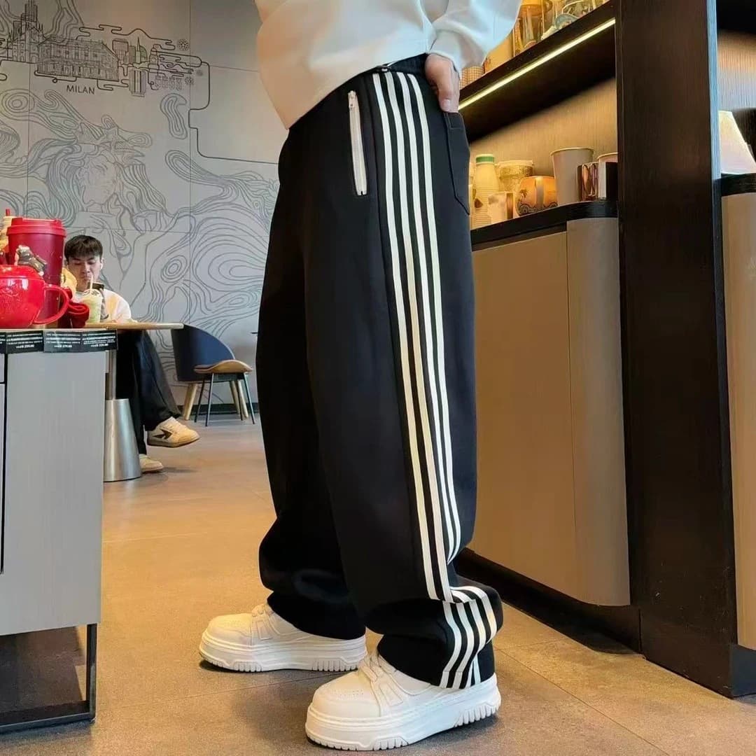 Winter High-End Striped Four-Bar Contrast Fleece Wide-Leg Curved Knife Pants Men's Trendy Versatile Thickened Straight Casual Pants