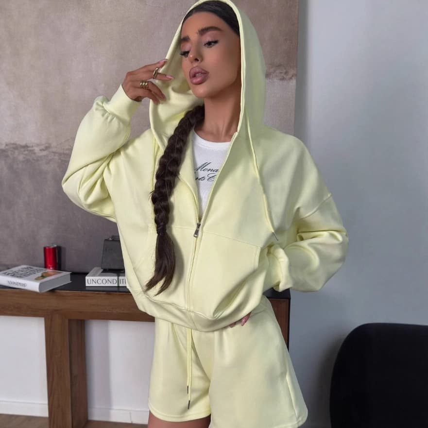 New Autumn/Winter Fashion Casual Sportswear Set for Women, Cross-Border European-American Soft Hoodie Cardigan Jacket with Shorts