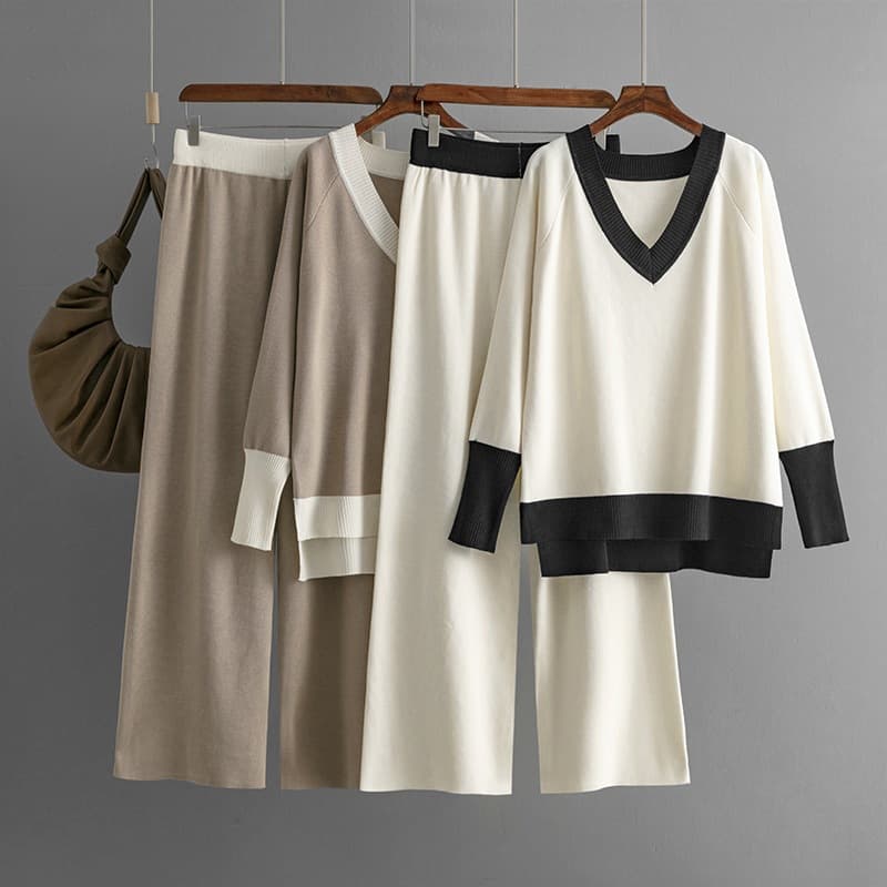 European and American Fashion Casual Set Women's 2024 Autumn/Winter New V-Neck Contrast Color Knit Top Loose Wide-Leg Pants Two-Piece Set