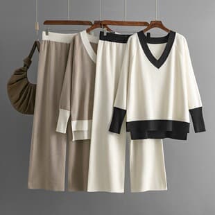European and American Fashion Casual Set Women's 2024 Autumn/Winter New V-Neck Contrast Color Knit Top Loose Wide-Leg Pants Two-Piece Set