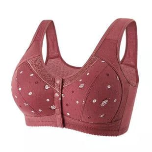 Spring/Summer Plus Size Cotton Wireless Bra for Middle-aged and Elderly Women, Front Closure with Lace Trim and Printed Pattern Vest Bra