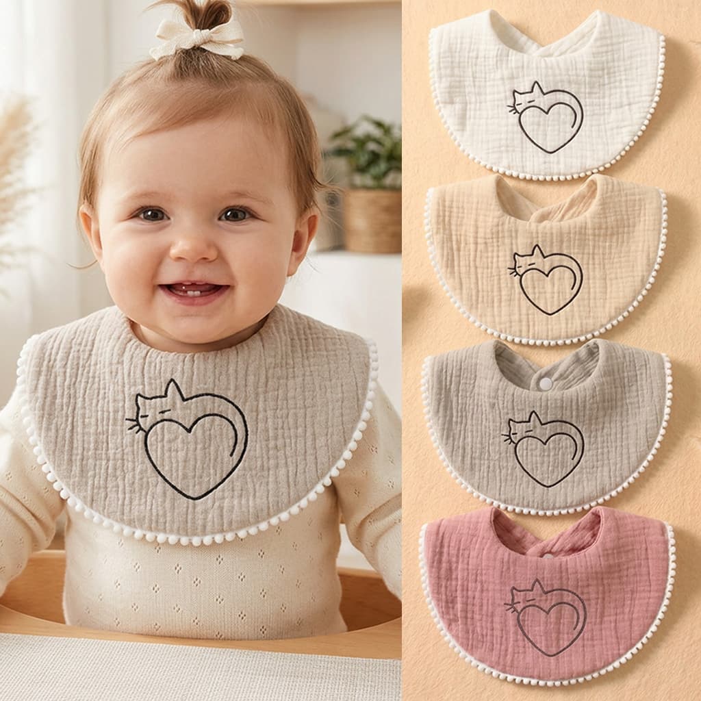 Gauze bibs for infants aged 0-3 years old, cat embroidered baby bibs for eating out, anti-dirty and anti-leak saliva napkins