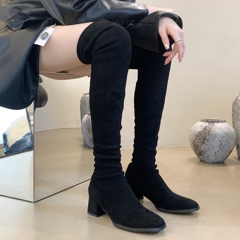 599-1 Women's Long Boots, Tall and High-top, 2024 New Style, Soft Leather Suede, Versatile, Chunky Heel, Pointed Toe, Fashionable Elastic Boots