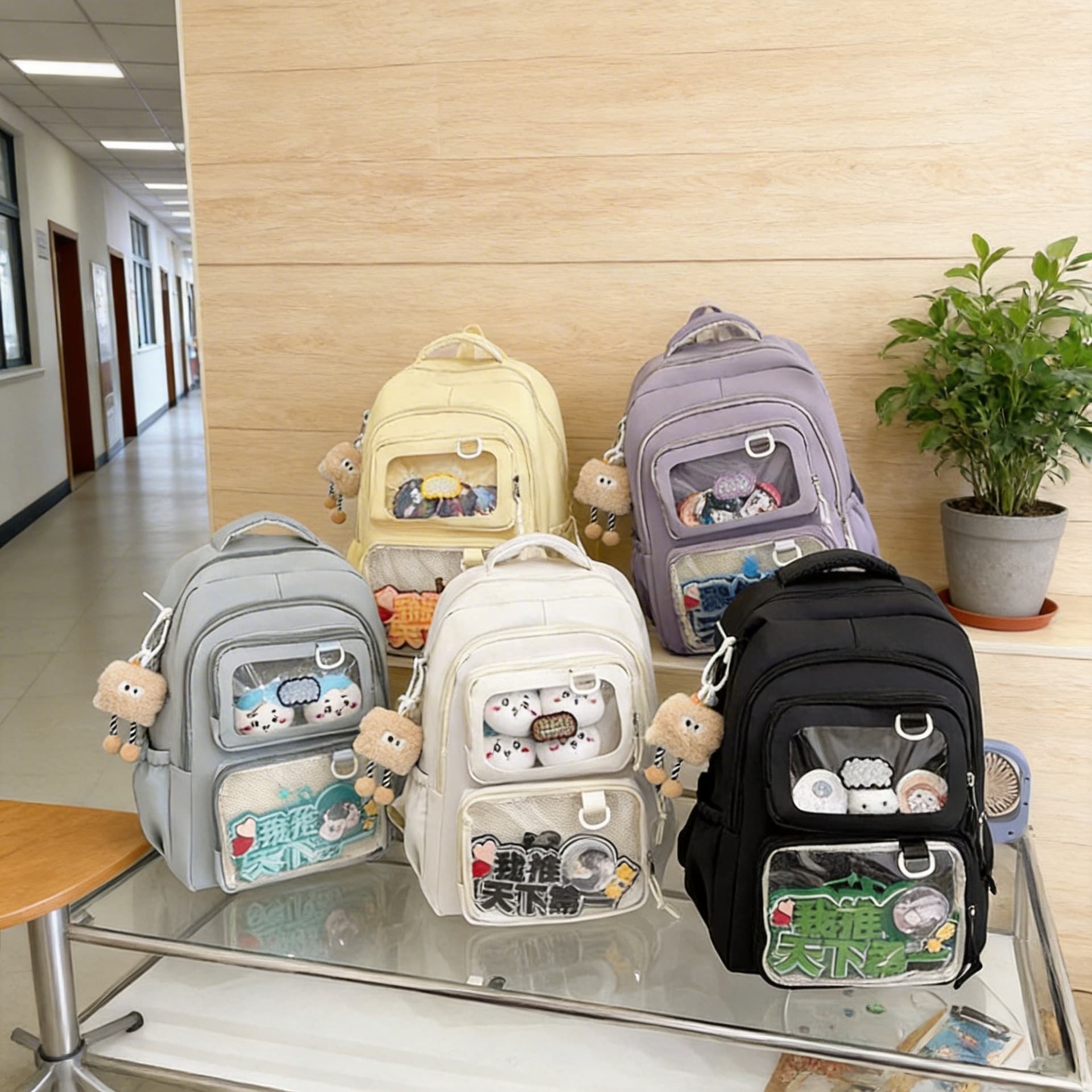 Large Capacity College Style Transparent Bookbag Dual Shoulder Bag for School Education Nylon Material Wear Resistant Urban Simple Pure Color