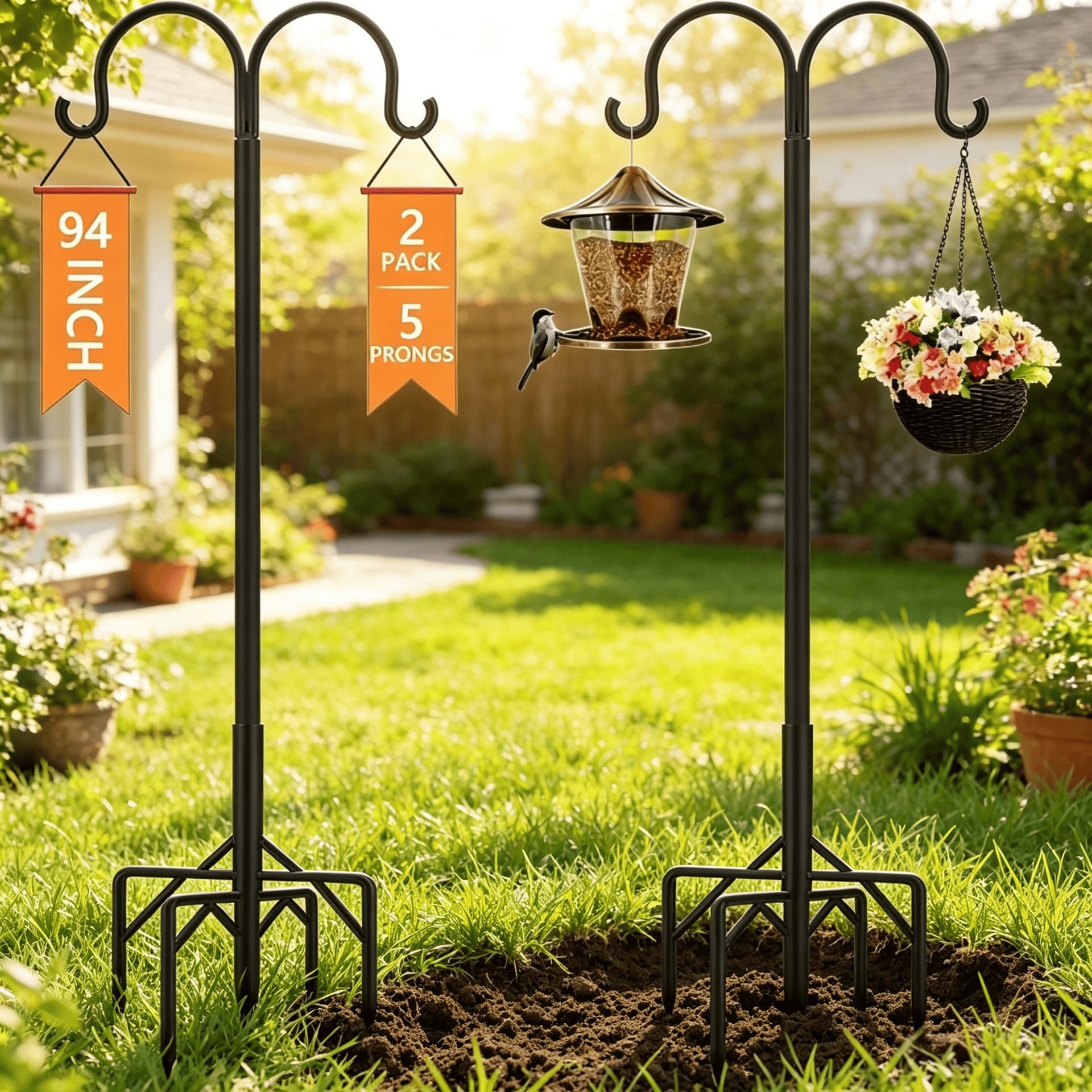 Cross-border Manufacturer Shepherd Hook Iron Flower Basket Outdoor Courtyard Decoration Garden Lamp Ground Stake Hook Bird Feeder Stand