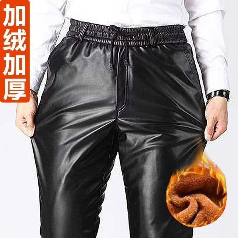 Men's Leather Pants Winter Fleece-Lined Thick Delivery Riding Chauffeur Windproof Cold-Resistant Waterproof Leather Pants Warm Cotton Pants Loose