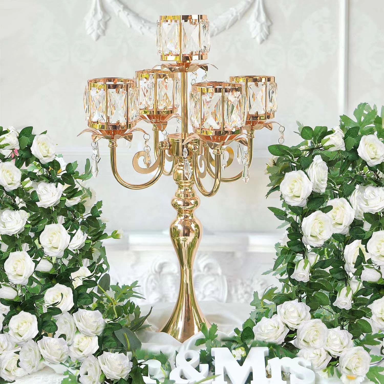 Cross-border Wedding Props Iron Art Electroplated Gold Crystal 5-Arm Candelabra Birthday Party Wedding Gathering Romantic Dining Table