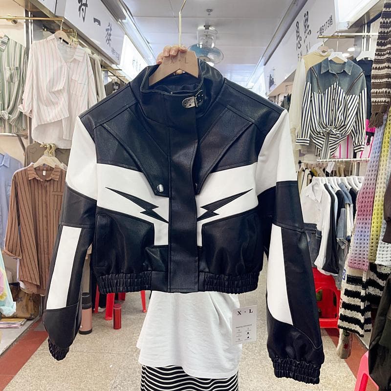 Stylish Streetwear Biker Jacket Women's Black White Contrast Heavy Stitching Leather Coat Short Sleeve Zipper Closure PU Material