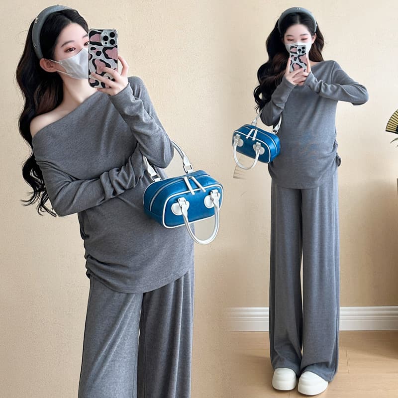 2025 Autumn New Fashion Pure Desire Style Slim Fit High Elasticity Off-Shoulder Top + Wide-Leg Pants Hot Mom Maternity Set