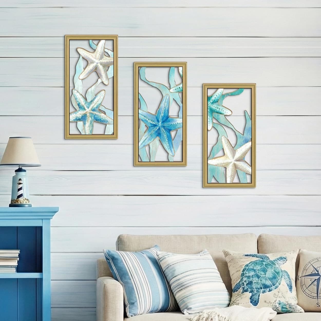 Puduo Decor Starfish Wall Decor Set 3-Pack Beach Wall Decor Nautical Beach Bathroom Bedroom Living Room Decor