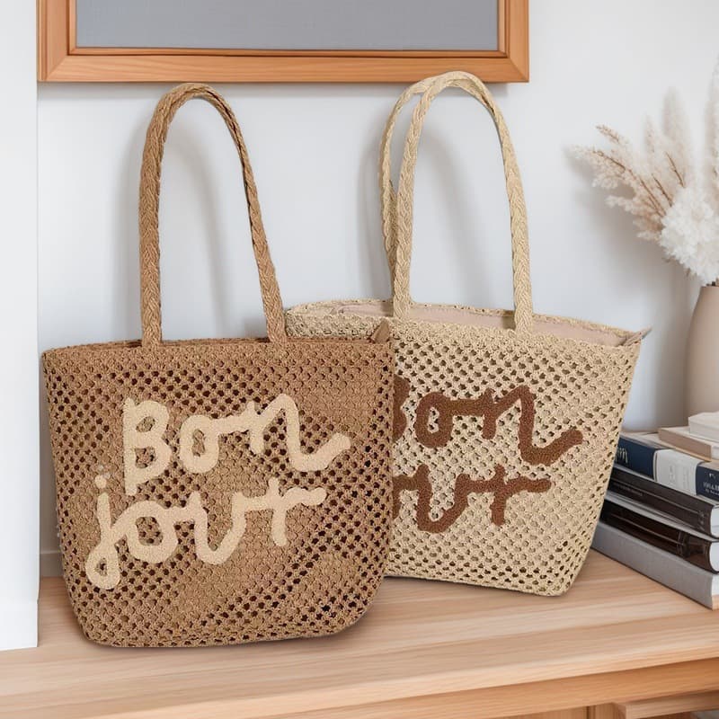 Fashion Letter Embroidery Single Shoulder Straw Bag New Simple Hollow Woven Bag Vacation Style Beach Bag Versatile Women's Bag