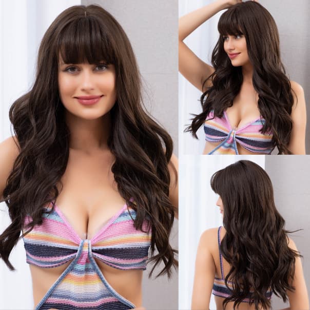 New Trendy Wig European and American Dark Brown Women's Wig Long Curly Hair with Straight Bangs Synthetic Fiber Wig Cap