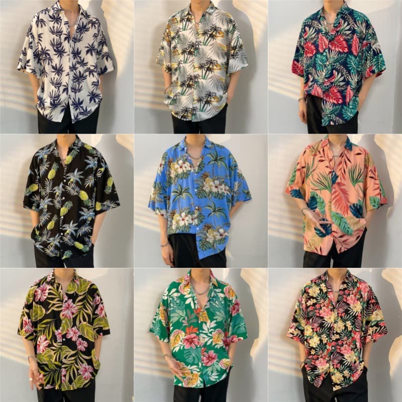Hawaiian Short Sleeve Floral Shirt for Men - Premium, Loose Fit, Versatile Beach Vacation Couple Outfit, Elbow-Length Sleeve Top