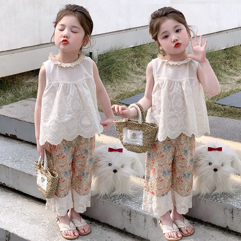 Forest-style High-appearance Girls Summer Set New Vest Kids Clothing Floral Two-piece Set with Lace Trim