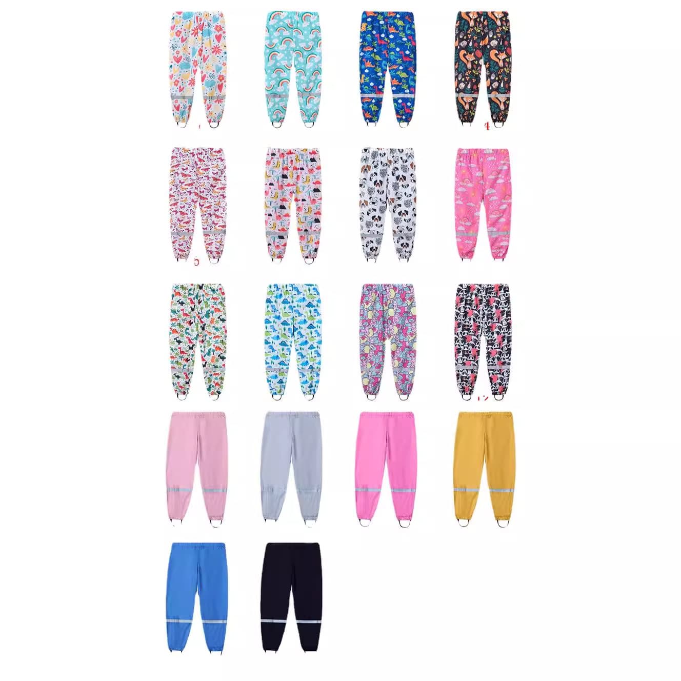 New Kids Boys and Girls Casual Rain Pants Elastic Waistband Multi-Color Printed Stirrup Rain Pants
