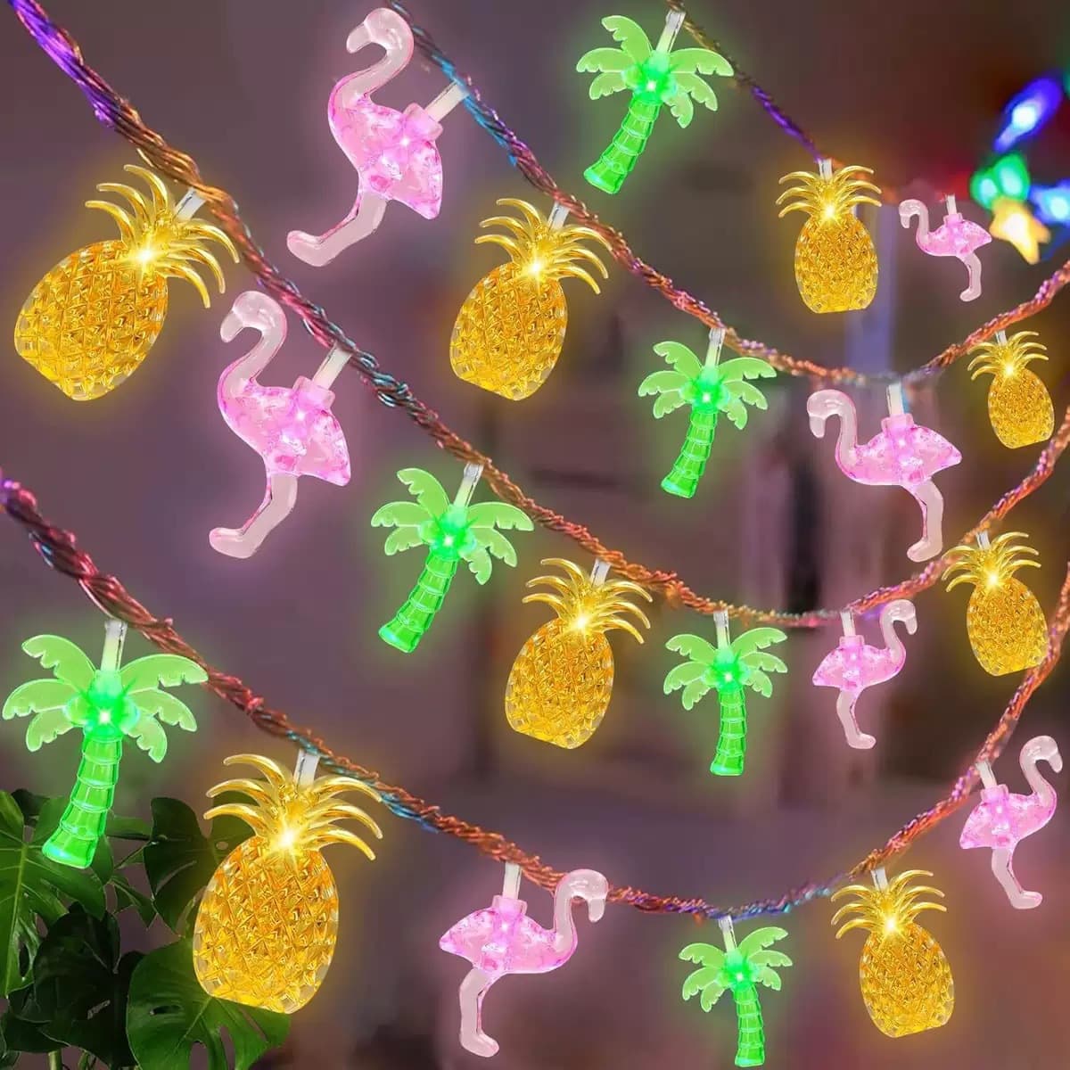 Hawaiian Flamingo String Lights, Coconut Tree Pineapple LED Lights for Room Bedroom Girl's Heart Decoration Colorful String Lights