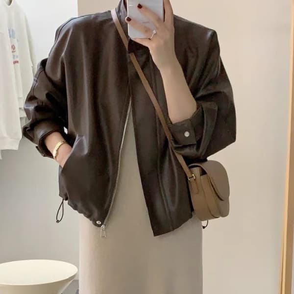 Caramel Leather Jacket Women's Motorcycle Short Style Hong Kong Style Baseball Popular American Retro Windbreaker Coat