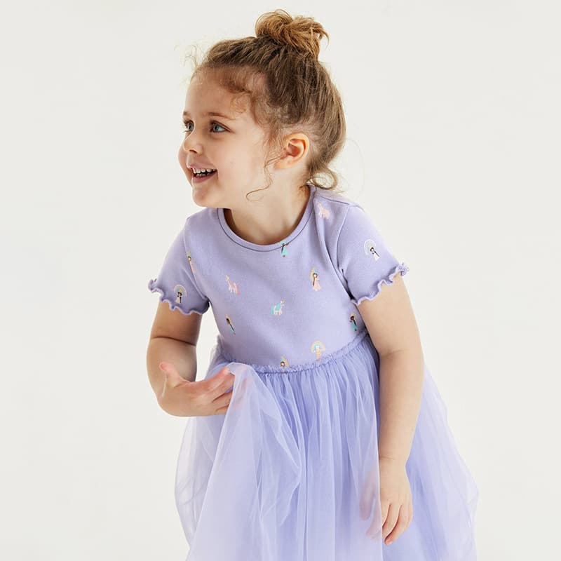 Summer Girls Dress Short Sleeve Cotton T-Shirt Mesh Skirt Purple Fairy Baby Cake Dress Princess Dress Drop Shipping