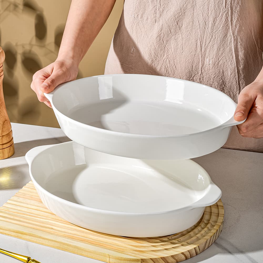 Ceramic plate household white double-ear deep plate baking pan ceramic dish plate soup plate internet celebrity plate soup plate steaming plate tableware