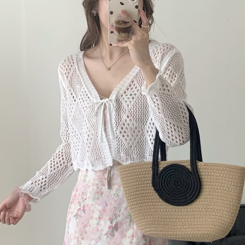Real Shot High-End Hollow-Out Sunscreen Short Knitted Cardigan Spring and Summer New Korean-Style All-Match Slim-Fit Shawl